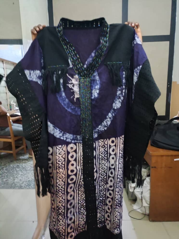 Adire kaftan gown with aso-oke and beaded V-neck